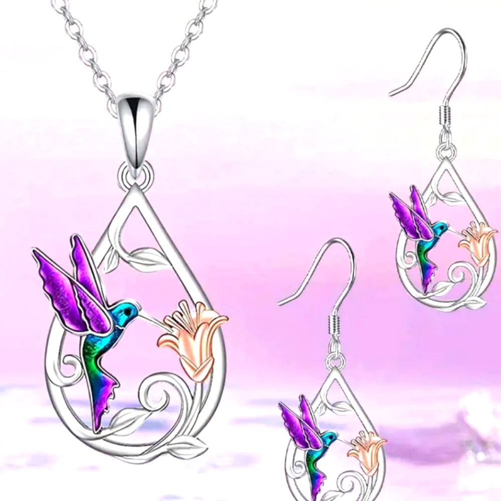 Waterdrop Hummingbird Flowers Pendant Necklace Earrings Jewelry Set
